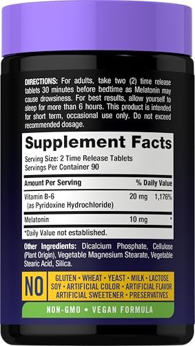 Carlyle Melatonin 10 mg | 180 Tabletten mit verlängerter Wirkstofffreisetzung | Unterstützung für die ganze Nacht | mit Vitamin B6 | 100 % arzneimittelfreies Nahrungsergänzungsmittel | Vegan, Non-GMO, Glutenfrei