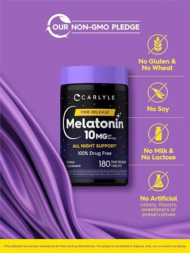 Carlyle Melatonin 10 mg | 180 Tabletten mit verlängerter Wirkstofffreisetzung | Unterstützung für die ganze Nacht | mit Vitamin B6 | 100 % arzneimittelfreies Nahrungsergänzungsmittel | Vegan, Non-GMO, Glutenfrei