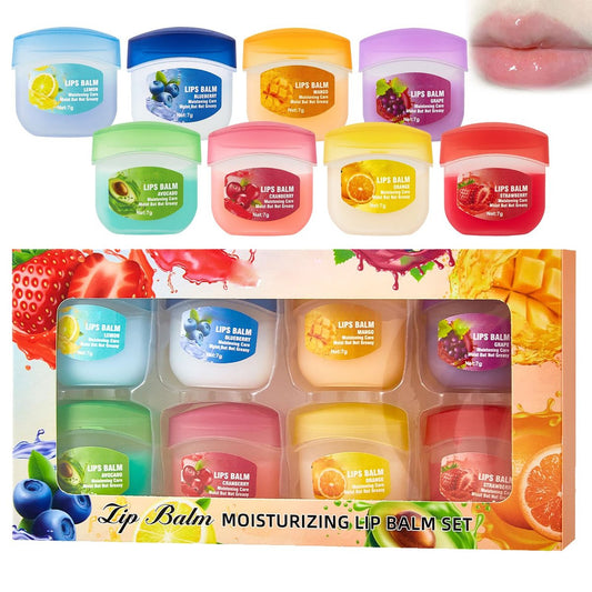 8-teiliges Lippenbalsam Set – Fruchtige Lippenpflege, Feuchtigkeitsspendende Lippenmasken, 4-in-1 Lippenbehandlung für trockene Haut, glättet Lippenfältchen, natürlicher Finish