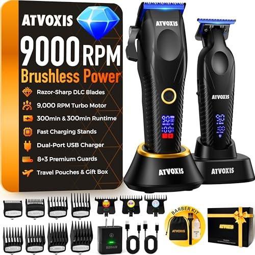 ATVOXIS Professioneller Haarschneider Set für Männer: 9000 U/min Bürstenloser Motor, Kabelloser Haarschneider & Trimmer mit DLC-Klingen, LED-Display, Schnellladeständer, Reisetasche - Haarschneidemaschine Herren