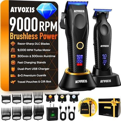 ATVOXIS Professioneller Haarschneider Set für Männer: 9000 U/min Bürstenloser Motor, Kabelloser Haarschneider & Trimmer mit DLC-Klingen, LED-Display, Schnellladeständer, Reisetasche - Haarschneidemaschine Herren