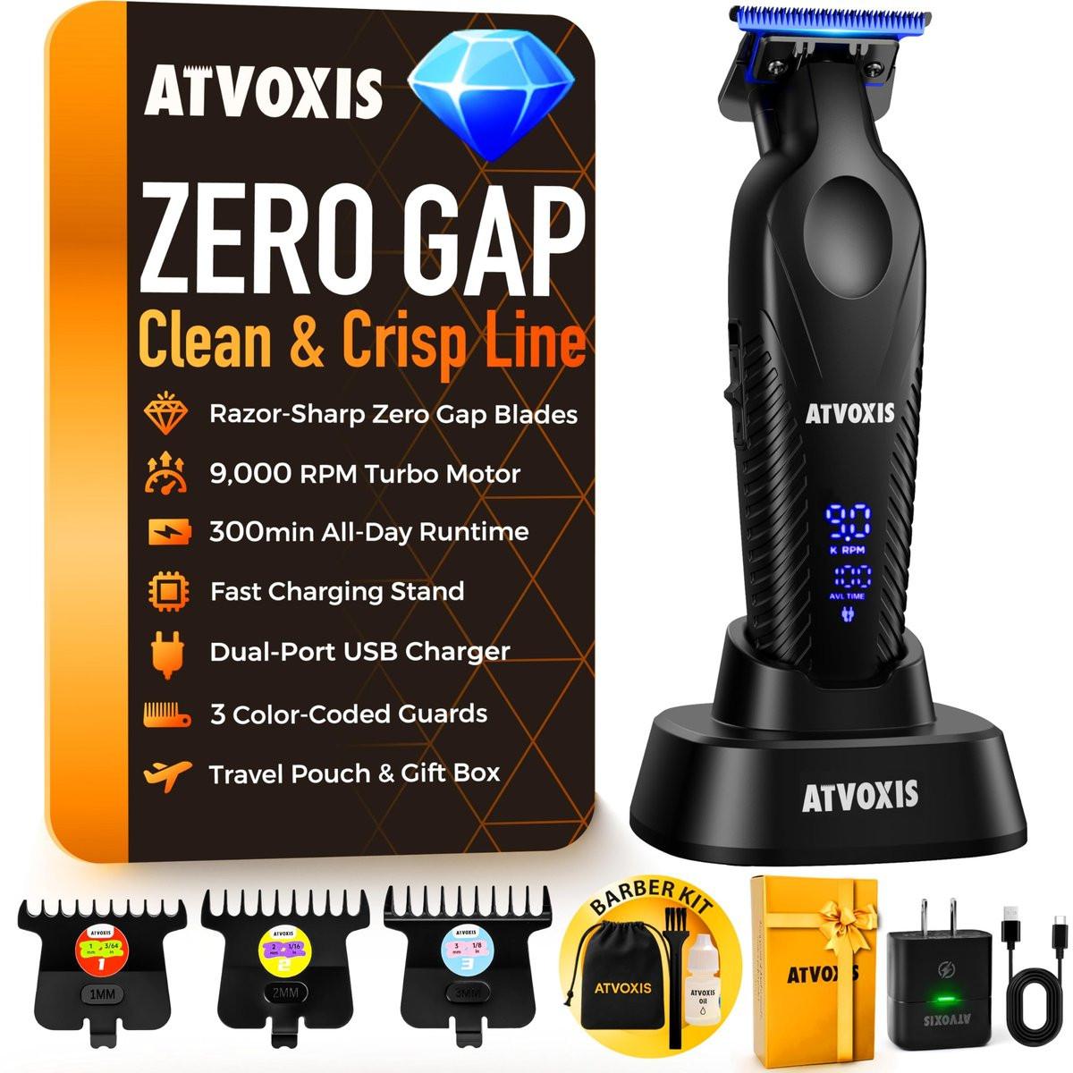 ATVOXIS Zero Gap 9.000 RPM Bürstenloser Profi-T-Trimmer für Herren: Kabelloser Haar-/Bartschneider mit LED-Display, 300 Min. Laufzeit, Schnellladeständer und Reiseetui