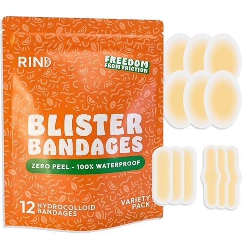 Blasenpflaster für die Füße – Hydrokolloid-Gel-Pflaster & Polster, 100% wasserdicht, hält bis zu 72 Stunden, Fersen- & Zehenblasen-Prävention, 12-teiliges Sortiment von RIND