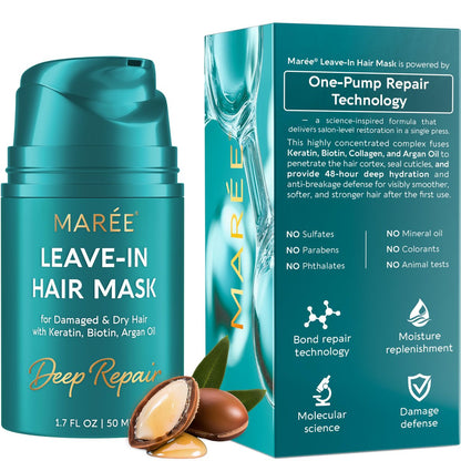 MAREE Tiefenpflegende Leave-In Haarmaske für geschädigtes Haar – Keratin-Haarkur mit Biotin, natürlichen Ölen & Vitaminen – Leave-In Conditioner für Reparatur und Feuchtigkeit – Color Glazers