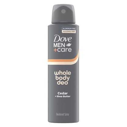DOVE MEN + CARE Whole Body Deo Spray Zeder & Sheabutter – Aluminiumfrei, sanfte Ganzkörper-Geruchskontrolle, dermatologisch getestet | 118 ml