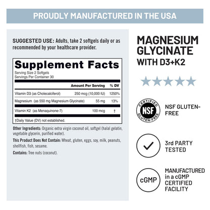 NatureWise Magnesium Glycinat 550mg + Hochdosiertes Vitamin D3 K2 100 mcg - D3 K2 Magnesium Supplement - Chelatiert für hohe Absorption - Knochenunterstützung - Non-GMO, USA hergestellt - [30-Tage-Vorrat]