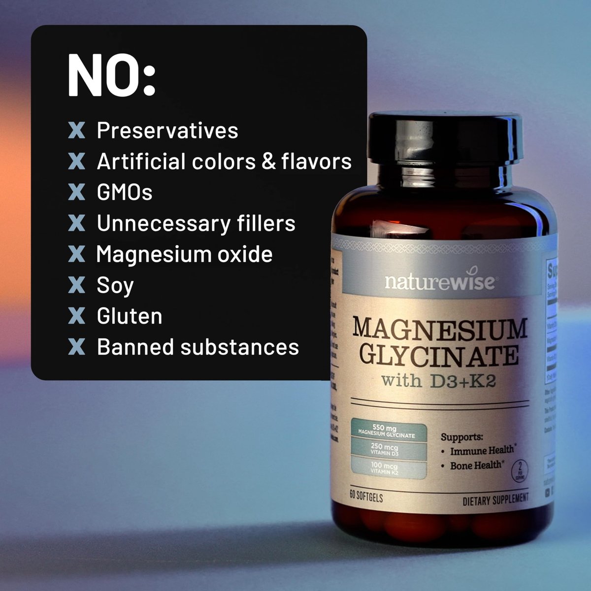 NatureWise Magnesium Glycinat 550mg + Hochdosiertes Vitamin D3 K2 100 mcg - D3 K2 Magnesium Supplement - Chelatiert für hohe Absorption - Knochenunterstützung - Non-GMO, USA hergestellt - [30-Tage-Vorrat]