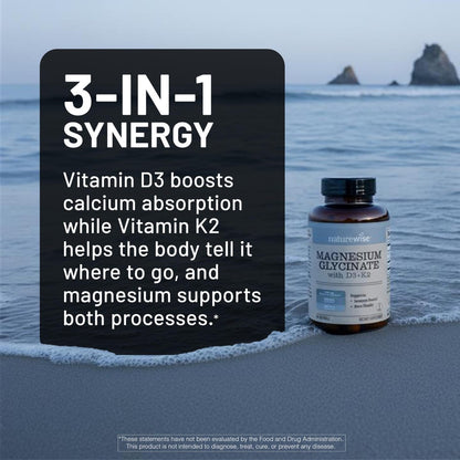 NatureWise Magnesium Glycinat 550mg + Hochdosiertes Vitamin D3 K2 100 mcg - D3 K2 Magnesium Supplement - Chelatiert für hohe Absorption - Knochenunterstützung - Non-GMO, USA hergestellt - [30-Tage-Vorrat]