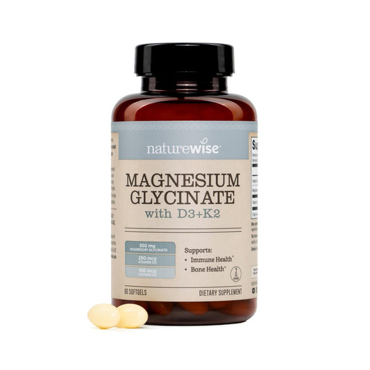 NatureWise Magnesium Glycinat 550mg + Hochdosiertes Vitamin D3 K2 100 mcg - D3 K2 Magnesium Supplement - Chelatiert für hohe Absorption - Knochenunterstützung - Non-GMO, USA hergestellt - [30-Tage-Vorrat]