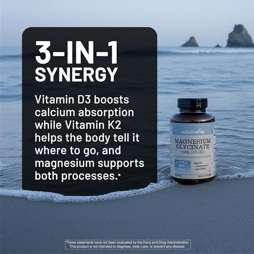 NatureWise Magnesium Glycinat 550mg + Hochdosiertes Vitamin D3 K2 100 mcg - D3 K2 Magnesium Supplement - Chelatiert für hohe Absorption - Knochenunterstützung - Non-GMO, USA hergestellt - [30-Tage-Vorrat]