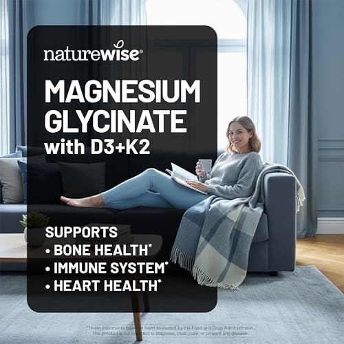 NatureWise Magnesium Glycinat 550mg + Hochdosiertes Vitamin D3 K2 100 mcg - D3 K2 Magnesium Supplement - Chelatiert für hohe Absorption - Knochenunterstützung - Non-GMO, USA hergestellt - [30-Tage-Vorrat]