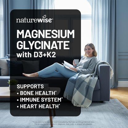 NatureWise Magnesium Glycinat 550mg + Hochdosiertes Vitamin D3 K2 100 mcg - D3 K2 Magnesium Supplement - Chelatiert für hohe Absorption - Knochenunterstützung - Non-GMO, USA hergestellt - [30-Tage-Vorrat]