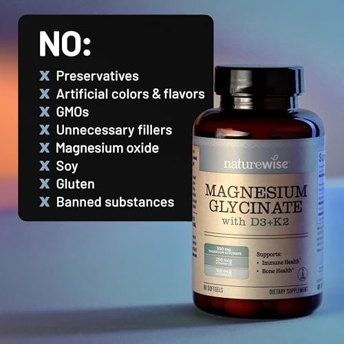 NatureWise Magnesium Glycinat 550mg + Hochdosiertes Vitamin D3 K2 100 mcg - D3 K2 Magnesium Supplement - Chelatiert für hohe Absorption - Knochenunterstützung - Non-GMO, USA hergestellt - [30-Tage-Vorrat]