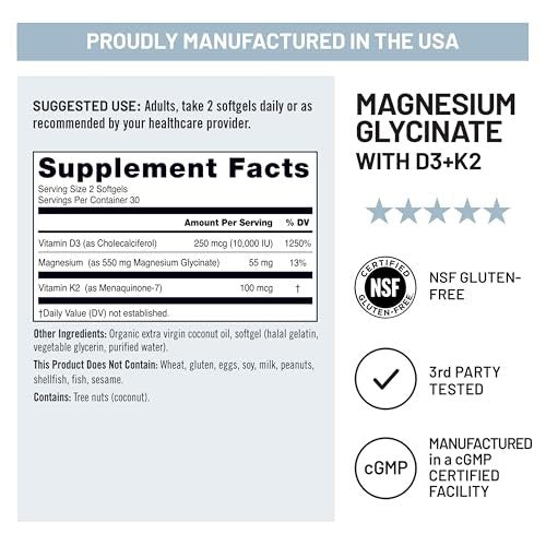 NatureWise Magnesium Glycinat 550mg + Hochdosiertes Vitamin D3 K2 100 mcg - D3 K2 Magnesium Supplement - Chelatiert für hohe Absorption - Knochenunterstützung - Non-GMO, USA hergestellt - [30-Tage-Vorrat]