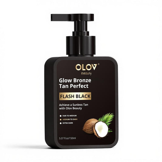 Olov Beauty Selbstbräunungslotion – Selbstbräuner mit Sheabutter und Kokosöl, natürliche Inhaltsstoffe für empfindliche Haut, ohne Sonne, feuchtigkeitsspendend, individuell einstellbarer mittlerer bis dunkler Fake Tan (150 ml)