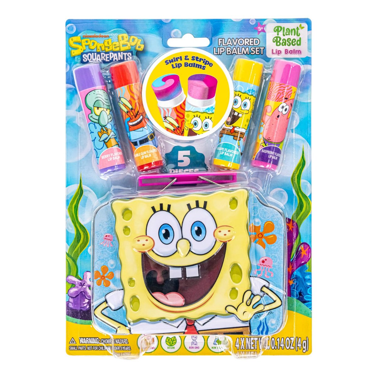 SpongeBob Schwammkopf 4er-Set pflanzlicher Lippenbalsam mit fruchtigem Duft & 1 Dose – Feuchtigkeitsspendender, farbiger Swirl-Lippenbalsam für Kinder von Townley Girl