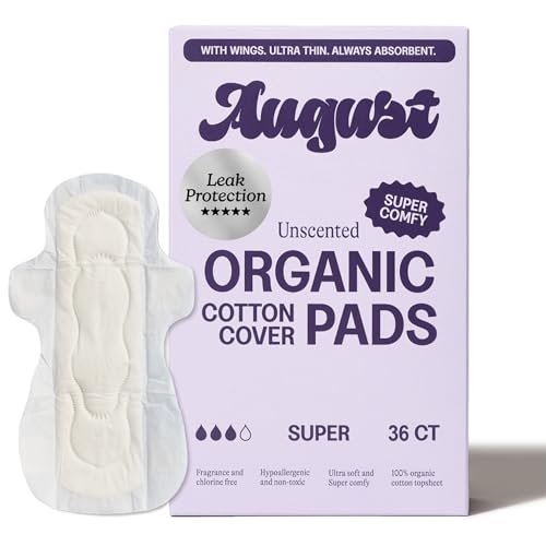 August Super Baumwoll-Menstruationsbinden, 36er-Pack, ultradünne Binden mit Flügeln, hypoallergene Damenbinden mit Bio-Baumwoll-Oberfläche, kompostierbare Verpackungen, schadstofffrei, parfümfrei