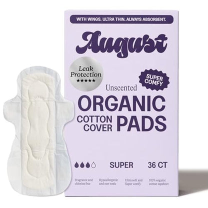 August Super Baumwoll-Menstruationsbinden, 36er-Pack, ultradünne Binden mit Flügeln, hypoallergene Damenbinden mit Bio-Baumwoll-Oberfläche, kompostierbare Verpackungen, schadstofffrei, parfümfrei