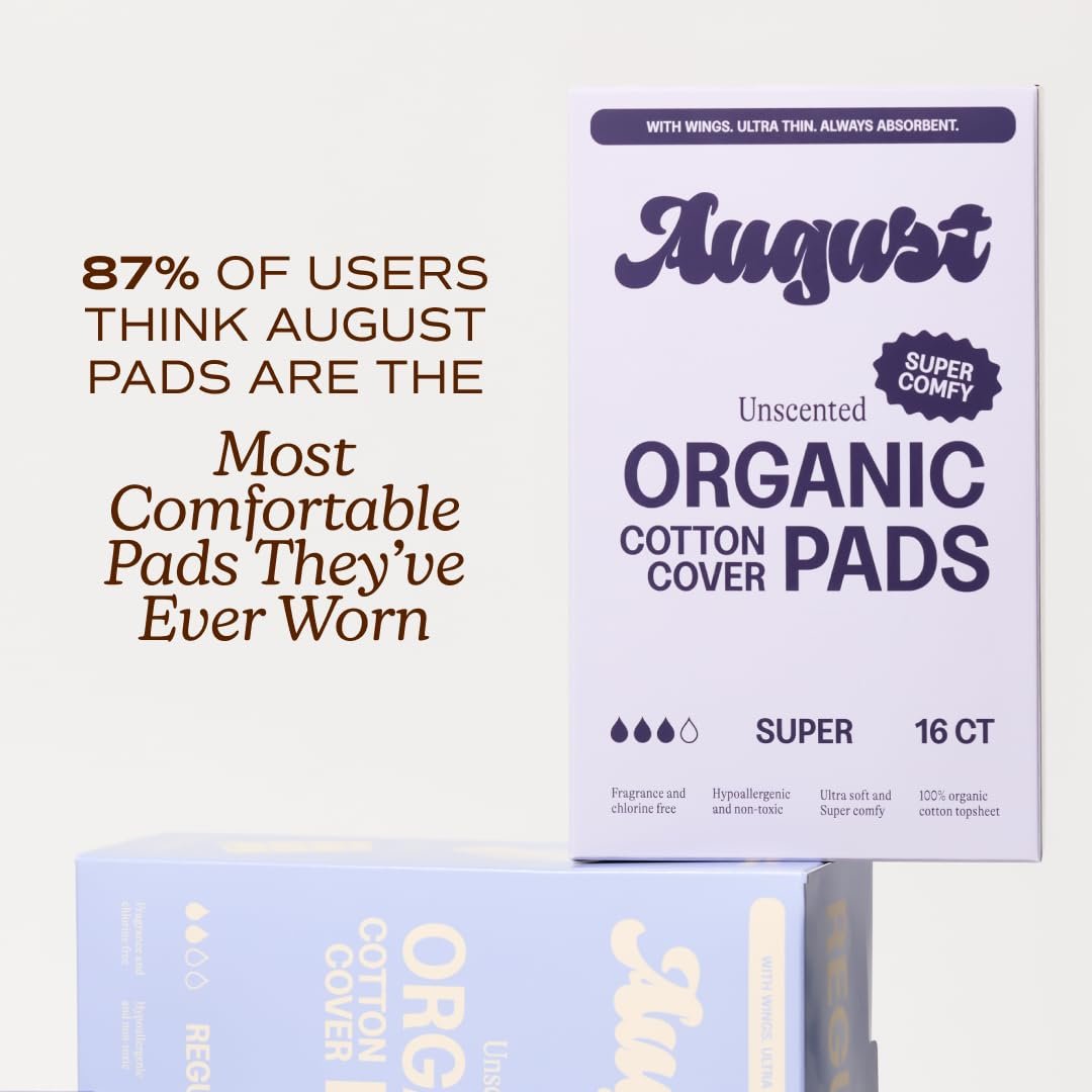August Super Baumwoll-Menstruationsbinden, 36er-Pack, ultradünne Binden mit Flügeln, hypoallergene Damenbinden mit Bio-Baumwoll-Oberfläche, kompostierbare Verpackungen, schadstofffrei, parfümfrei