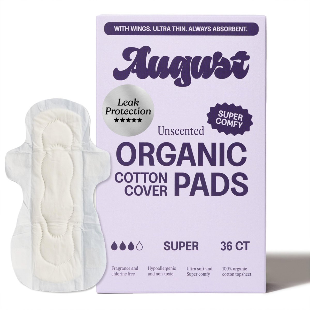 August Super Baumwoll-Menstruationsbinden, 36er-Pack, ultradünne Binden mit Flügeln, hypoallergene Damenbinden mit Bio-Baumwoll-Oberfläche, kompostierbare Verpackungen, schadstofffrei, parfümfrei
