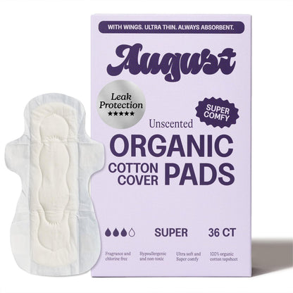 August Super Baumwoll-Menstruationsbinden, 36er-Pack, ultradünne Binden mit Flügeln, hypoallergene Damenbinden mit Bio-Baumwoll-Oberfläche, kompostierbare Verpackungen, schadstofffrei, parfümfrei