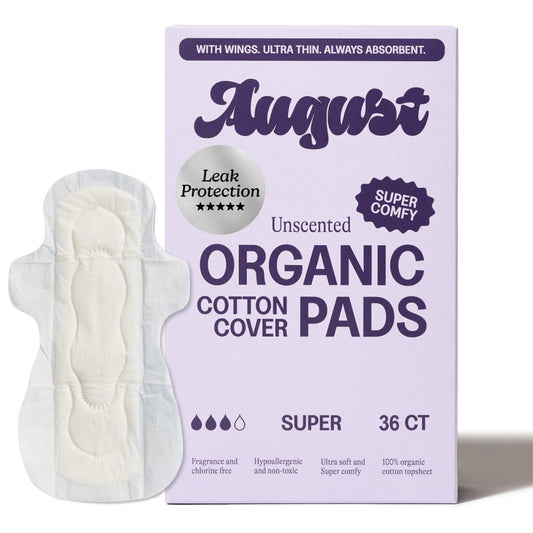 August Super Baumwoll-Menstruationsbinden, 36er-Pack, ultradünne Binden mit Flügeln, hypoallergene Damenbinden mit Bio-Baumwoll-Oberfläche, kompostierbare Verpackungen, schadstofffrei, parfümfrei