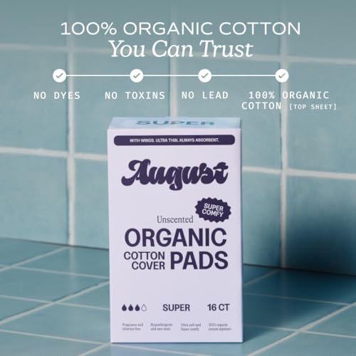 August Super Baumwoll-Menstruationsbinden, 36er-Pack, ultradünne Binden mit Flügeln, hypoallergene Damenbinden mit Bio-Baumwoll-Oberfläche, kompostierbare Verpackungen, schadstofffrei, parfümfrei