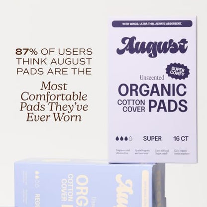 August Super Baumwoll-Menstruationsbinden, 36er-Pack, ultradünne Binden mit Flügeln, hypoallergene Damenbinden mit Bio-Baumwoll-Oberfläche, kompostierbare Verpackungen, schadstofffrei, parfümfrei