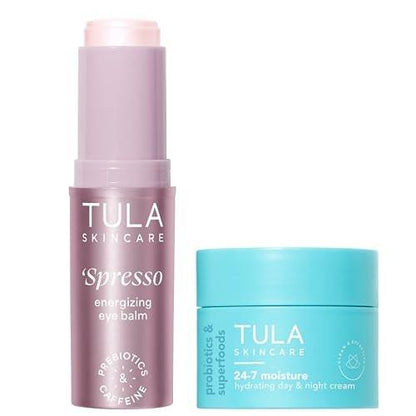 TULA Skin Care Pink 'Spresso Energy Eye Balm 0,35 oz + Reisegröße 24-7 Feuchtigkeitscreme Tag & Nacht 0,5 oz, 2-teiliges Weihnachtsset