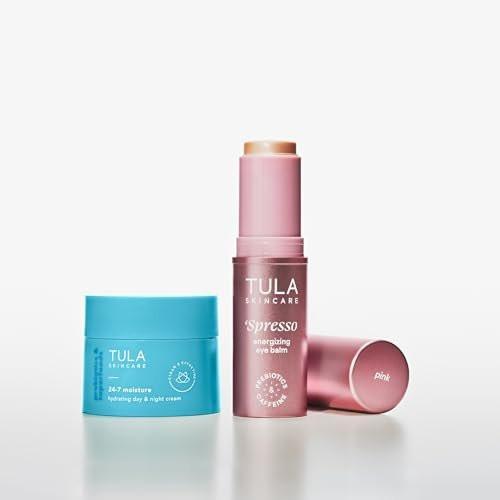 TULA Skin Care Pink 'Spresso Energy Eye Balm 0,35 oz + Reisegröße 24-7 Feuchtigkeitscreme Tag & Nacht 0,5 oz, 2-teiliges Weihnachtsset