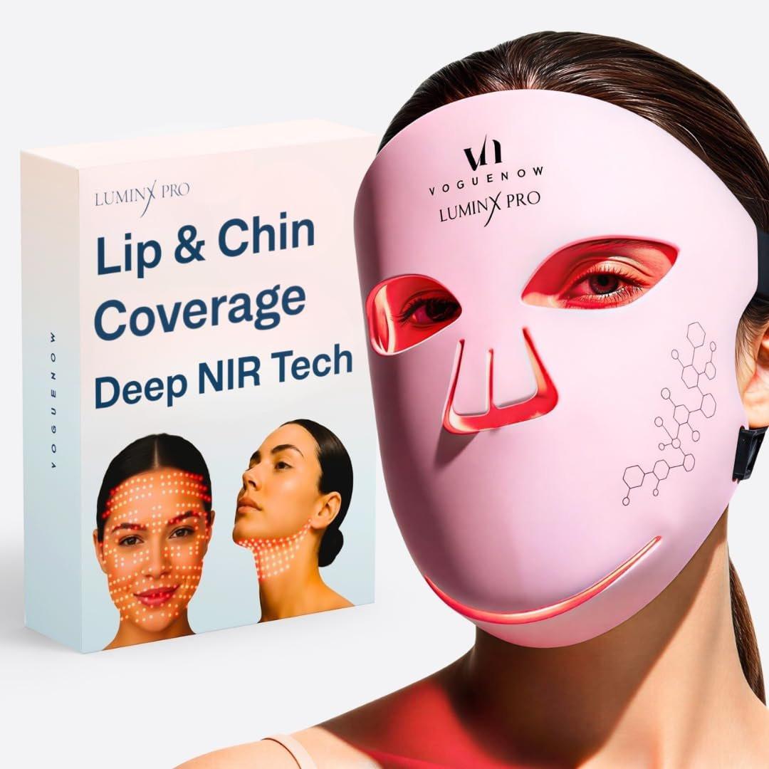 VogueNow LED-Lichttherapie-Maske - FDA-zugelassenes Gerät gegen Falten & Akne - Rotlichttherapie für das Gesicht mit Kinn- und Lippenabdeckung - Rotes, blaues & nahes Infrarot-Gesichtspflege - Muttertagsgeschenk für Mama