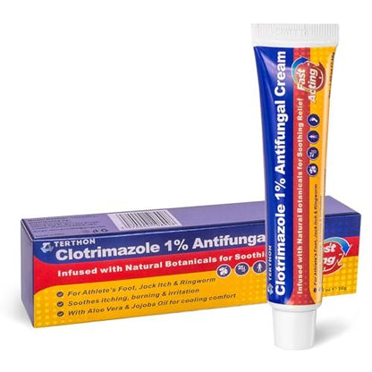 Terthon Clotrimazol Antimykotische Creme Behandlung – Maximale Stärke gegen Fußpilz, Juckreiz, Ringelflechte & Hefepilzinfektion – Schnell wirkende Juckreizlinderung für Füße, Leisten & Haut – 30g