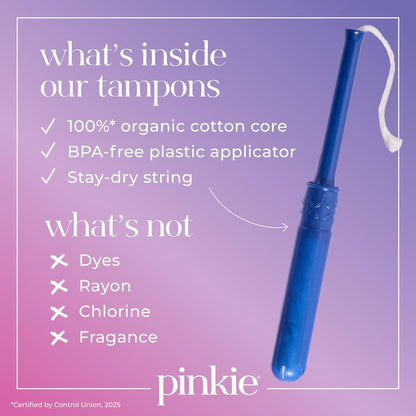 Pinkie Bio-Tampons für Teens & Erwachsene – 100% Baumwollkern, passt sich dem Körper an – schlanker BPA-freier Applikator für komfortables Einführen – chlor-, parfüm-, farbstoff- & rayonfrei – Light/Regular, 36 Stück