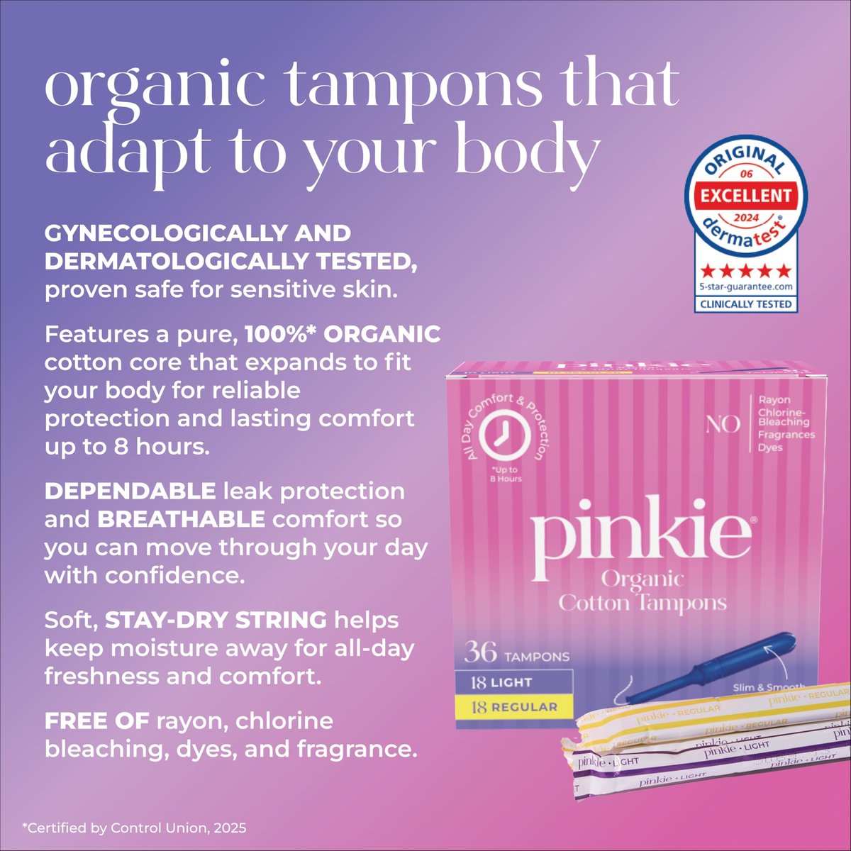 Pinkie Bio-Tampons für Teens & Erwachsene – 100% Baumwollkern, passt sich dem Körper an – schlanker BPA-freier Applikator für komfortables Einführen – chlor-, parfüm-, farbstoff- & rayonfrei – Light/Regular, 36 Stück