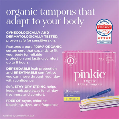 Pinkie Bio-Tampons für Teens & Erwachsene – 100% Baumwollkern, passt sich dem Körper an – schlanker BPA-freier Applikator für komfortables Einführen – chlor-, parfüm-, farbstoff- & rayonfrei – Light/Regular, 36 Stück