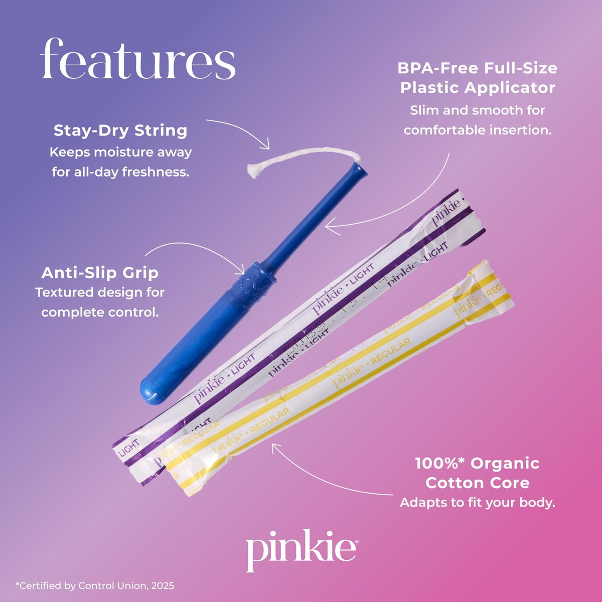 Pinkie Bio-Tampons für Teens & Erwachsene – 100% Baumwollkern, passt sich dem Körper an – schlanker BPA-freier Applikator für komfortables Einführen – chlor-, parfüm-, farbstoff- & rayonfrei – Light/Regular, 36 Stück