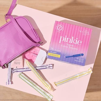 Pinkie Bio-Tampons für Teens & Erwachsene – 100% Baumwollkern, passt sich dem Körper an – schlanker BPA-freier Applikator für komfortables Einführen – chlor-, parfüm-, farbstoff- & rayonfrei – Light/Regular, 36 Stück