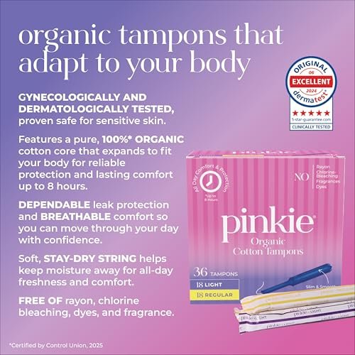 Pinkie Bio-Tampons für Teens & Erwachsene – 100% Baumwollkern, passt sich dem Körper an – schlanker BPA-freier Applikator für komfortables Einführen – chlor-, parfüm-, farbstoff- & rayonfrei – Light/Regular, 36 Stück