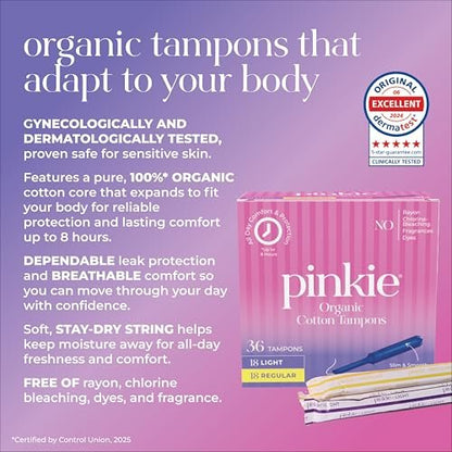 Pinkie Bio-Tampons für Teens & Erwachsene – 100% Baumwollkern, passt sich dem Körper an – schlanker BPA-freier Applikator für komfortables Einführen – chlor-, parfüm-, farbstoff- & rayonfrei – Light/Regular, 36 Stück