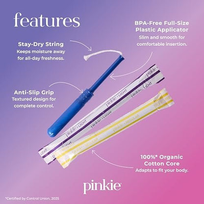 Pinkie Bio-Tampons für Teens & Erwachsene – 100% Baumwollkern, passt sich dem Körper an – schlanker BPA-freier Applikator für komfortables Einführen – chlor-, parfüm-, farbstoff- & rayonfrei – Light/Regular, 36 Stück