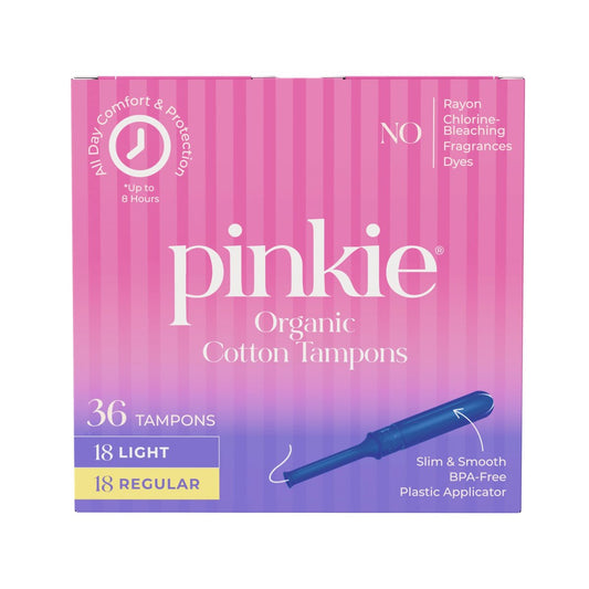 Pinkie Bio-Tampons für Teens & Erwachsene – 100% Baumwollkern, passt sich dem Körper an – schlanker BPA-freier Applikator für komfortables Einführen – chlor-, parfüm-, farbstoff- & rayonfrei – Light/Regular, 36 Stück