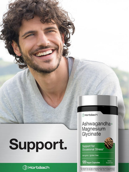 Horbäach Ashwagandha & Magnesiumglycinat | 120 vegane Kapseln | Nahrungsergänzungsmittel gegen Stress | Nicht-GVO, glutenfrei