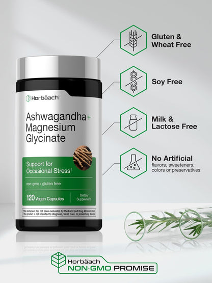 Horbäach Ashwagandha & Magnesiumglycinat | 120 vegane Kapseln | Nahrungsergänzungsmittel gegen Stress | Nicht-GVO, glutenfrei