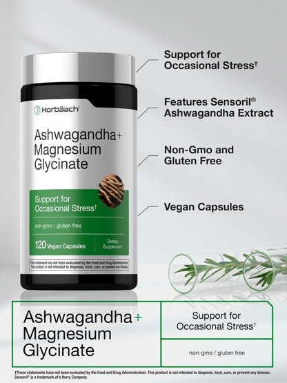 Horbäach Ashwagandha & Magnesiumglycinat | 120 vegane Kapseln | Nahrungsergänzungsmittel gegen Stress | Nicht-GVO, glutenfrei