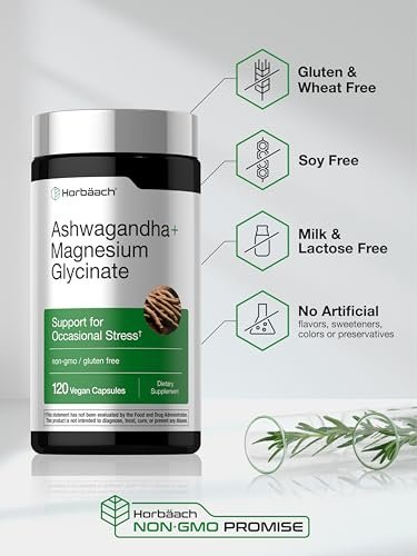 Horbäach Ashwagandha & Magnesiumglycinat | 120 vegane Kapseln | Nahrungsergänzungsmittel gegen Stress | Nicht-GVO, glutenfrei
