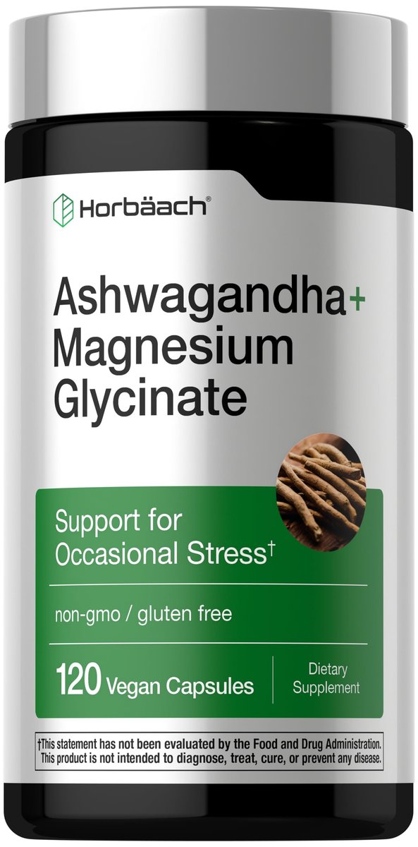 Horbäach Ashwagandha & Magnesiumglycinat | 120 vegane Kapseln | Nahrungsergänzungsmittel gegen Stress | Nicht-GVO, glutenfrei