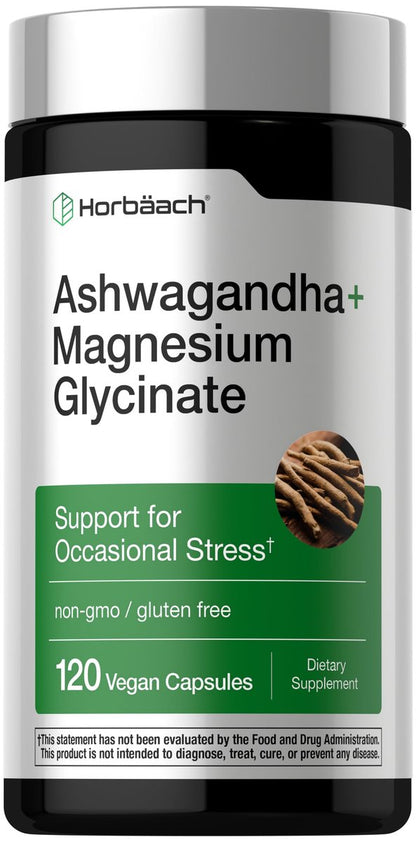 Horbäach Ashwagandha & Magnesiumglycinat | 120 vegane Kapseln | Nahrungsergänzungsmittel gegen Stress | Nicht-GVO, glutenfrei