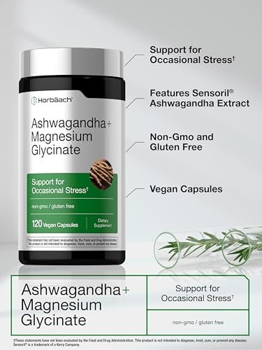 Horbäach Ashwagandha & Magnesiumglycinat | 120 vegane Kapseln | Nahrungsergänzungsmittel gegen Stress | Nicht-GVO, glutenfrei