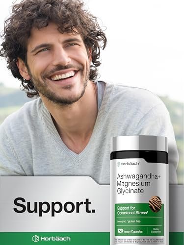 Horbäach Ashwagandha & Magnesiumglycinat | 120 vegane Kapseln | Nahrungsergänzungsmittel gegen Stress | Nicht-GVO, glutenfrei
