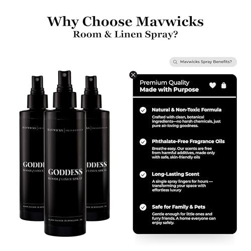 Mavwicks Fragrances (Goddess) Linen- & Raumspray 240 ml – langanhaltende Frische für Schlafzimmer & Zuhause, Aromatherapie-Duftspray für Stoffe & Luft